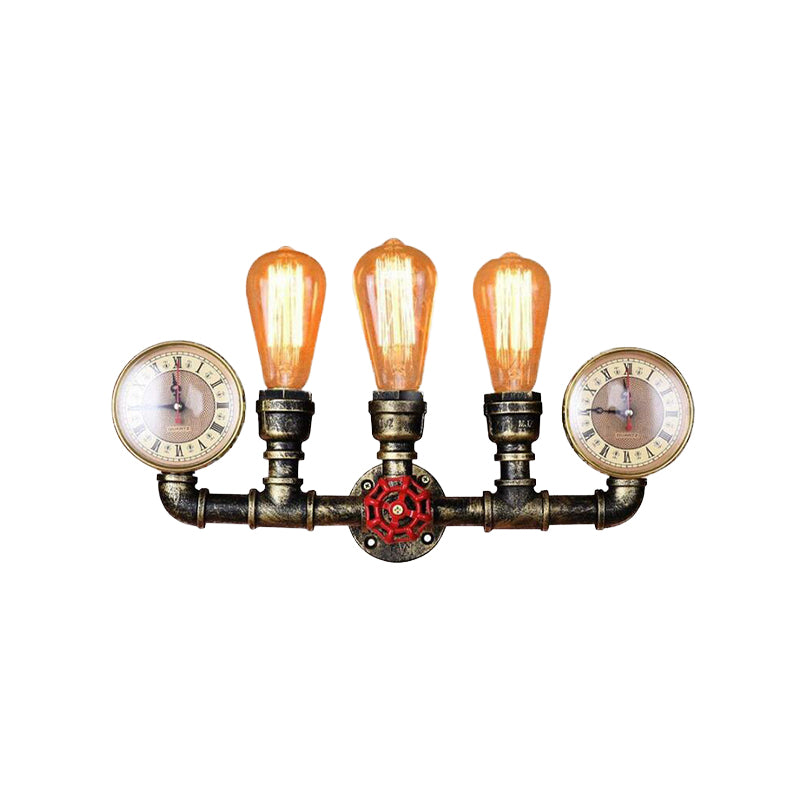 Industrial Brass Bare Bulb Wall Lamp With Valve And Gauge 3-Head Iron Lighting For Hallway