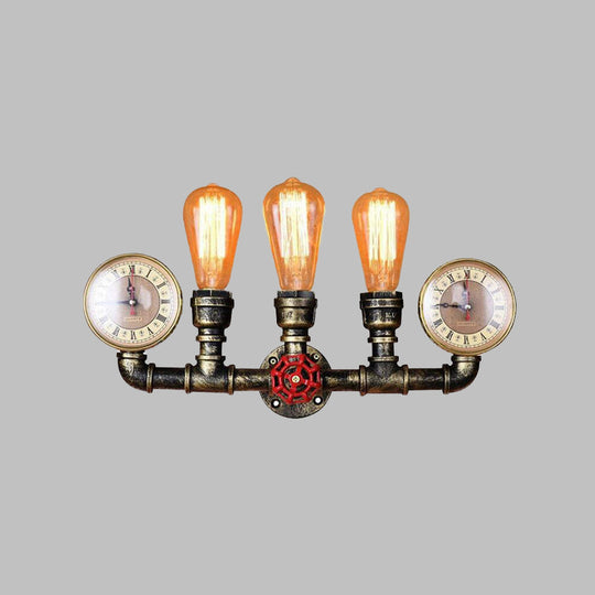 Industrial Brass Bare Bulb Wall Lamp With Valve And Gauge 3-Head Iron Lighting For Hallway