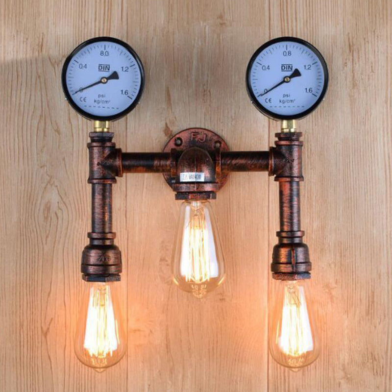 Vintage Water Pipe Metal Wall Sconce Lamp In Copper - 3 Bulbs Light Fixture With 2-Gauge Deco