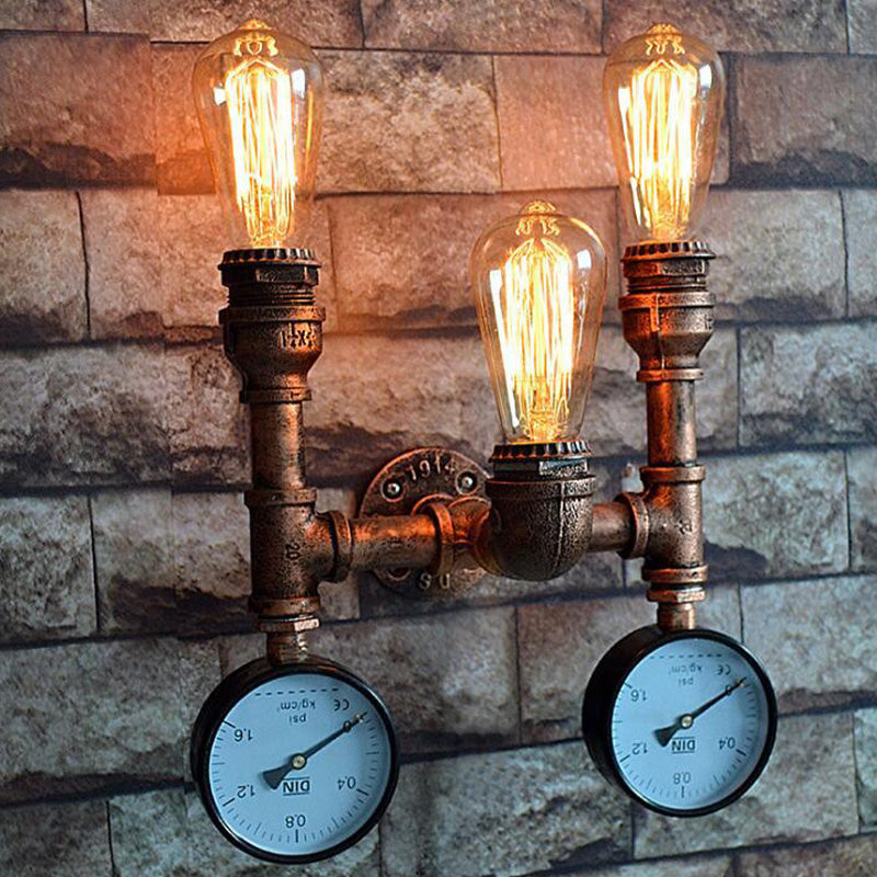 Vintage Water Pipe Metal Wall Sconce Lamp In Copper - 3 Bulbs Light Fixture With 2-Gauge Deco