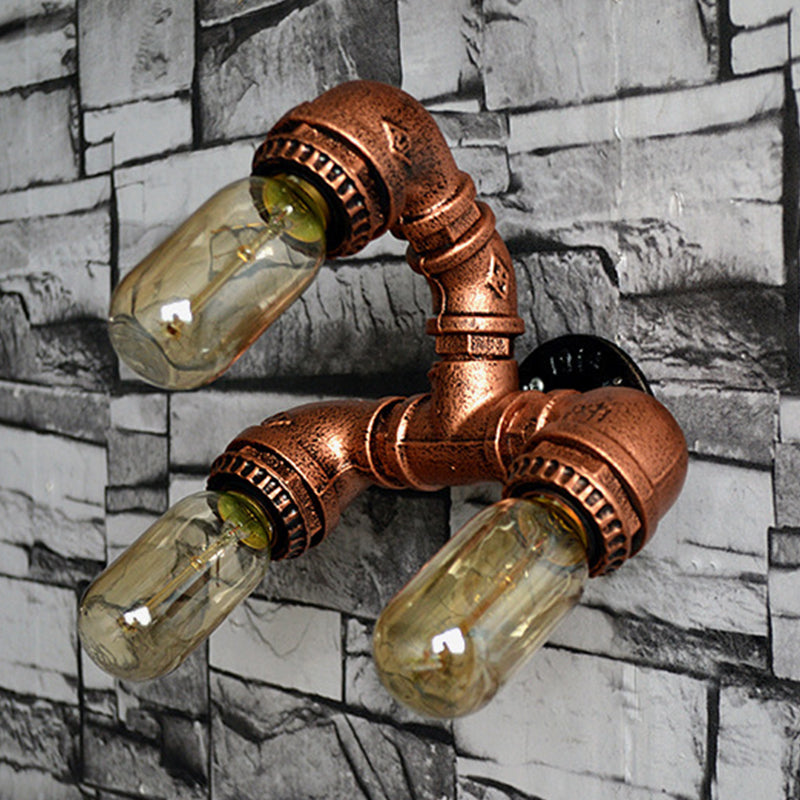 Antiqued Iron Water Pipe Wall Sconce With 3 Brass Bulbs For Corridor Lighting