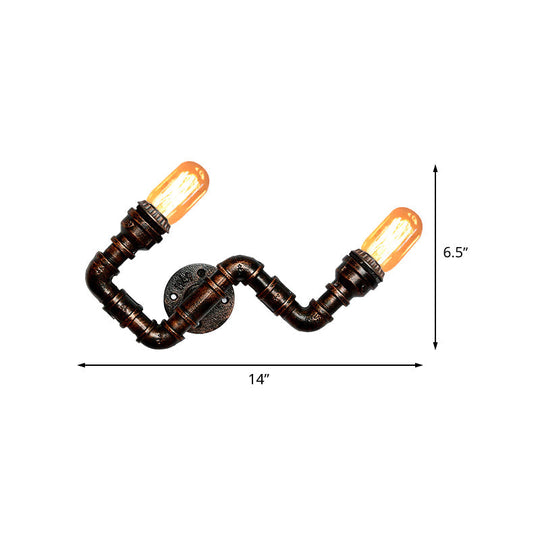 Metallic Curved Arm Sconce Lighting Fixture: 2-Head Industrial Hallway Wall Lamp In Rust