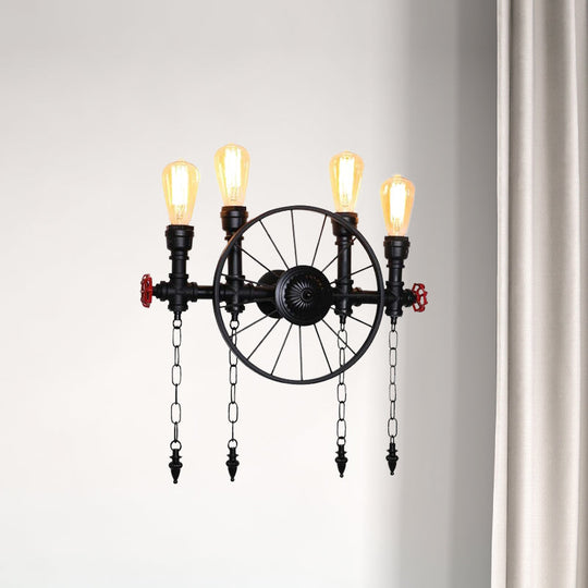 Farmhouse 4-Light Wheel Metal Wall Sconce In Black With Chain