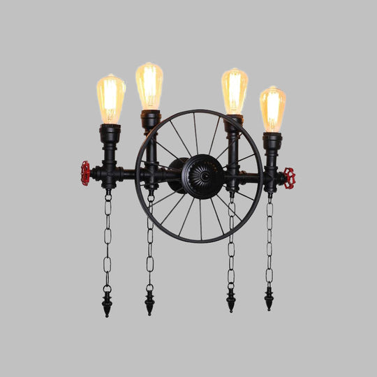 Farmhouse 4-Light Wheel Metal Wall Sconce In Black With Chain