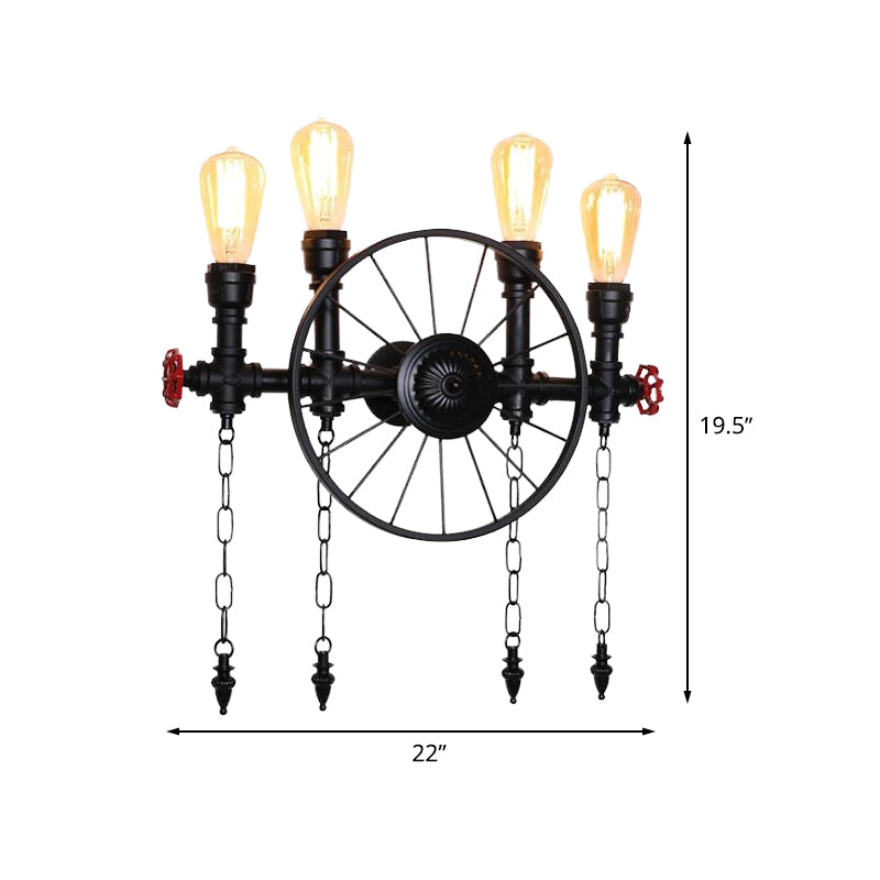 Farmhouse 4-Light Wheel Metal Wall Sconce In Black With Chain