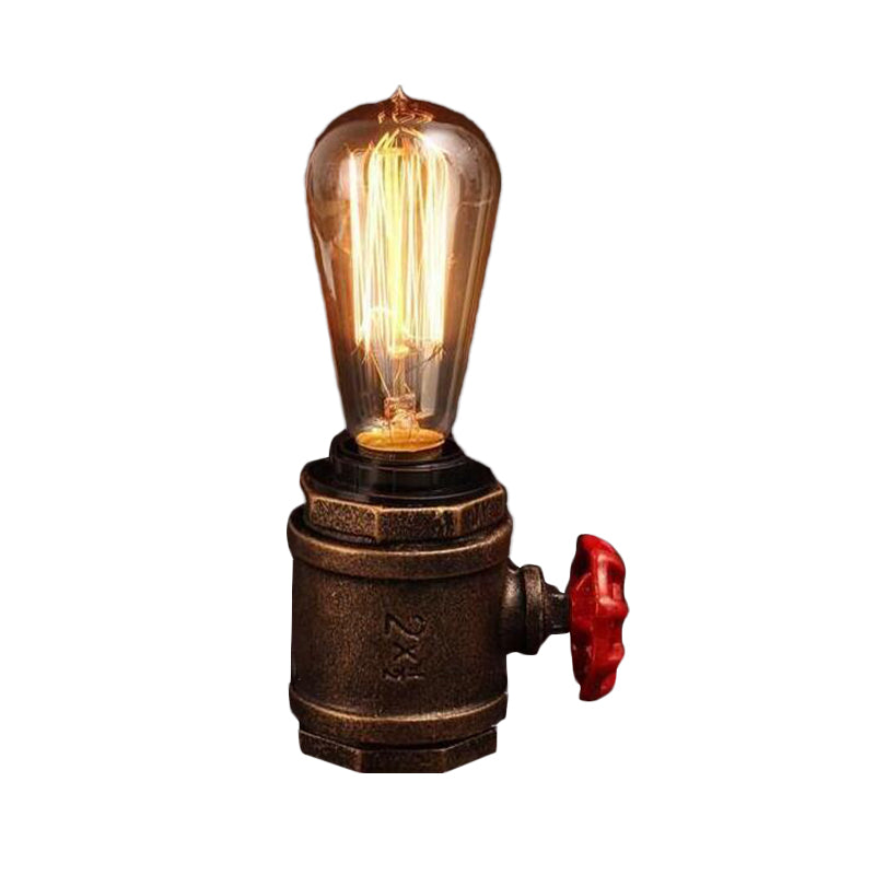 Industrial Rust Finish Metal Night Table Lamp With Valve Deco - Bare Bulb Task Light For Bedroom