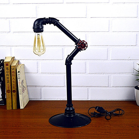 Industrial Arched Pipe 1-Head Table Lamp In Metallic Black | Plug-In Night Light With Round Base