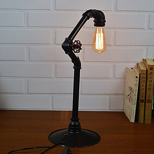 Industrial Arched Pipe 1-Head Table Lamp In Metallic Black | Plug-In Night Light With Round Base