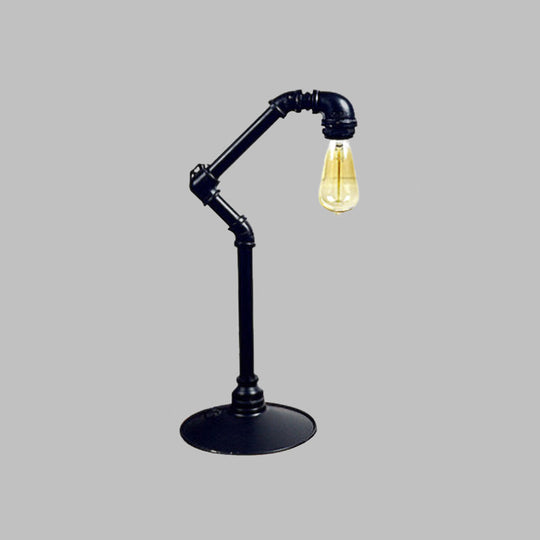 Industrial Arched Pipe 1-Head Table Lamp In Metallic Black | Plug-In Night Light With Round Base