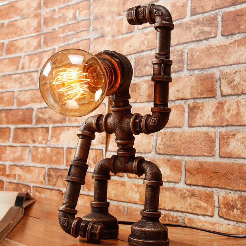 Rustic Iron Hand-Raising Robot Farmhouse Nightstand Lamp With Table Light