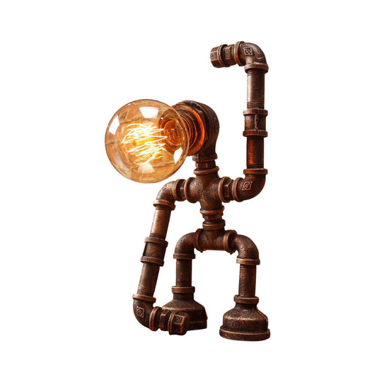 Rustic Iron Hand-Raising Robot Farmhouse Nightstand Lamp With Table Light