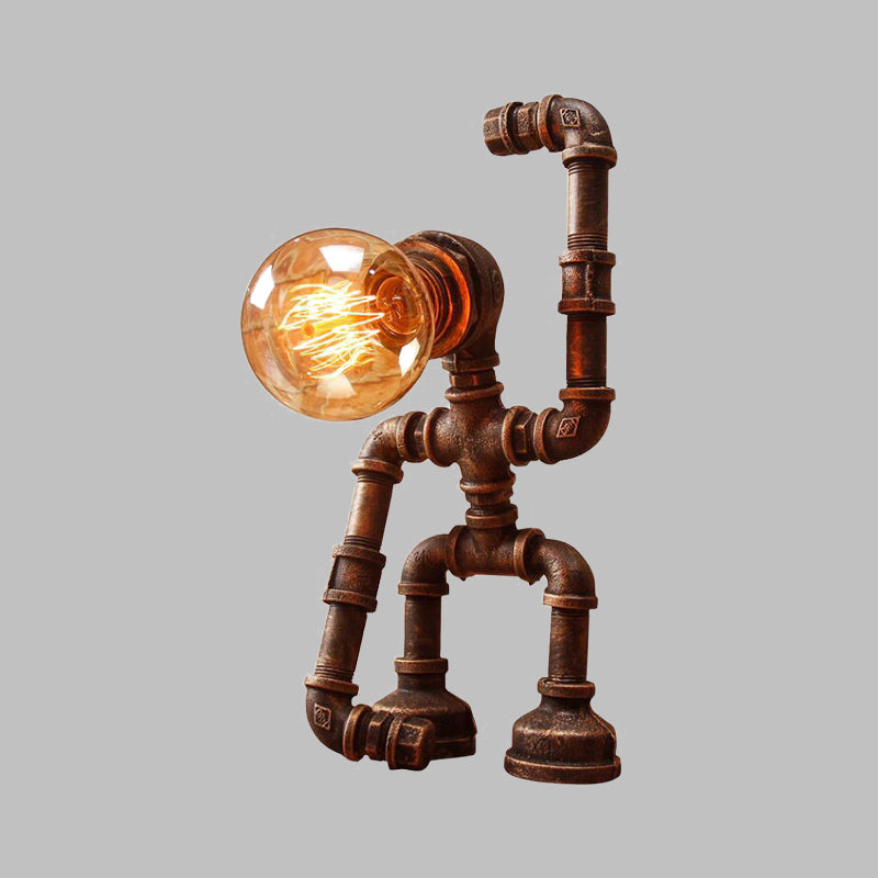 Rustic Iron Hand-Raising Robot Farmhouse Nightstand Lamp With Table Light