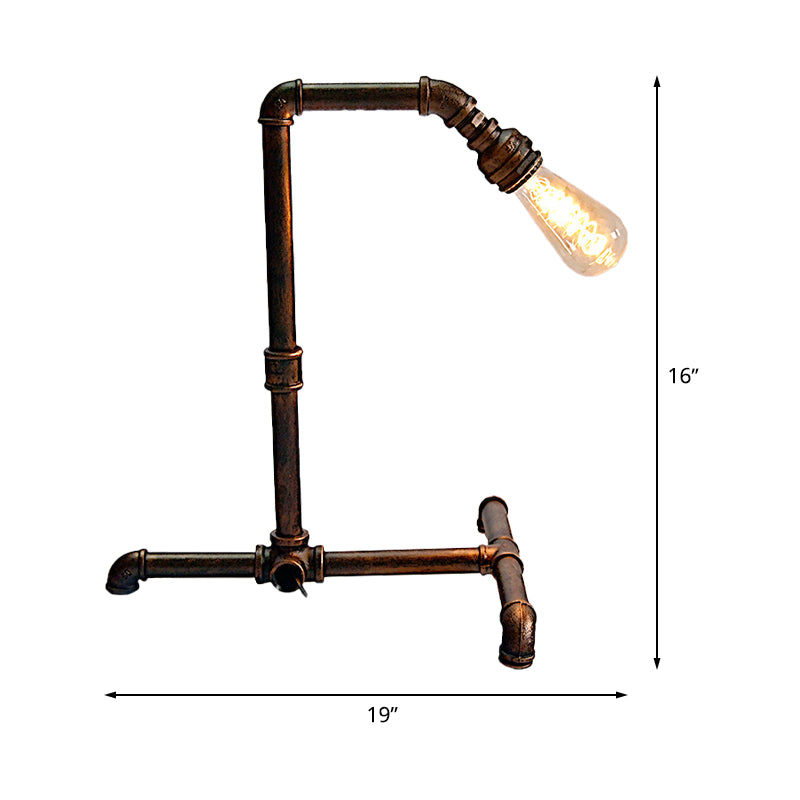 Farmhouse Rust Finish Metal Table Lamp With Curved Pipe Design - 1 Bulb Night Lighting Plug-In Cord