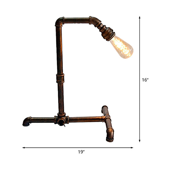 Farmhouse Rust Finish Metal Table Lamp With Curved Pipe Design - 1 Bulb Night Lighting Plug-In Cord