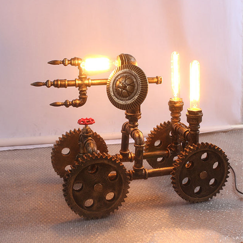 Industrial Brass Finish War Chariot Shaped Table Lamp - 3-Light Iron Nightstand Light With Plug-In