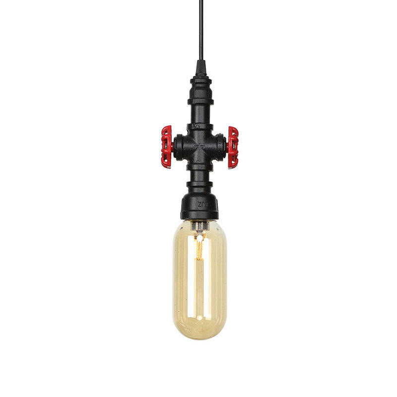 Antiqued Pipe Metal LED Ceiling Light with Amber Glass Shade - Black