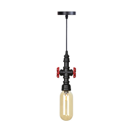 Antiqued Pipe Metal LED Ceiling Light with Amber Glass Shade - Black