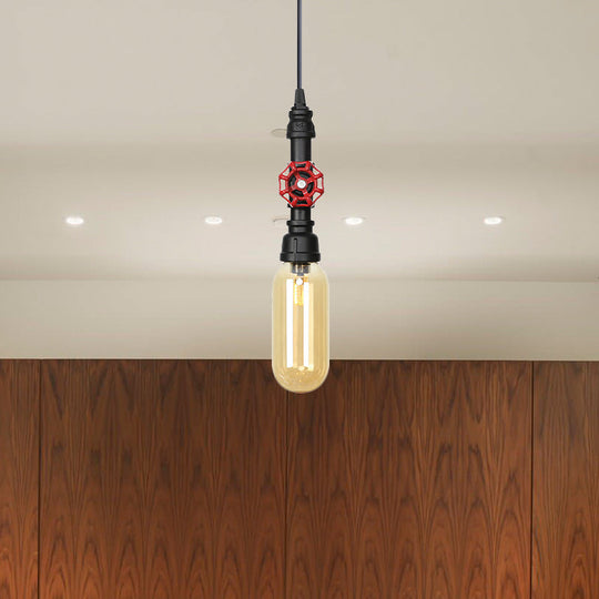 Antiqued Pipe Metal LED Ceiling Light with Amber Glass Shade - Black