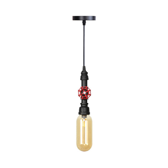 Antiqued Pipe Metal LED Ceiling Light with Amber Glass Shade - Black