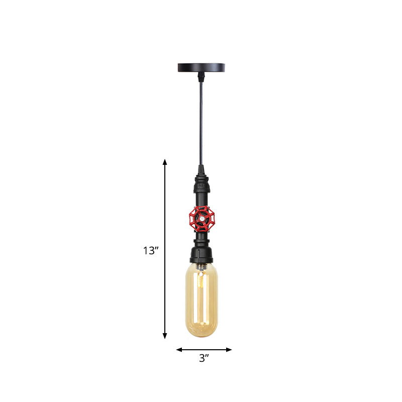 Antiqued Pipe Metal LED Ceiling Light with Amber Glass Shade - Black