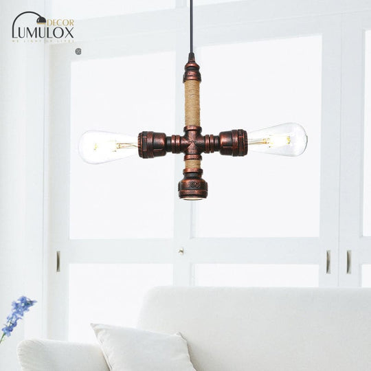 Vintage Water Pipe Chandelier with 2/3 Hanging Pendant Lights in Rust, 8"/9"/10" Width