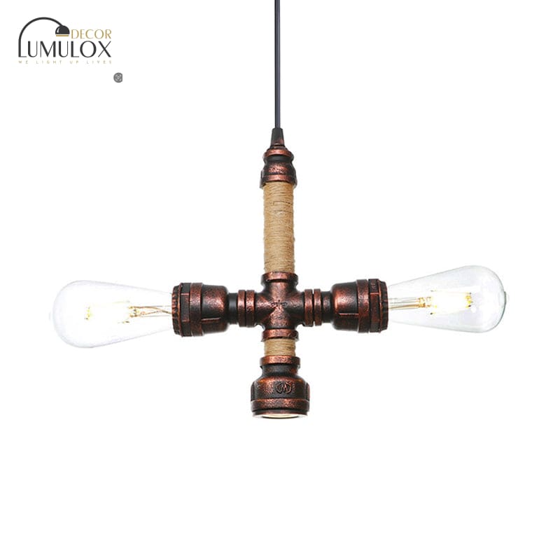 Vintage Water Pipe Chandelier with 2/3 Hanging Pendant Lights in Rust, 8"/9"/10" Width