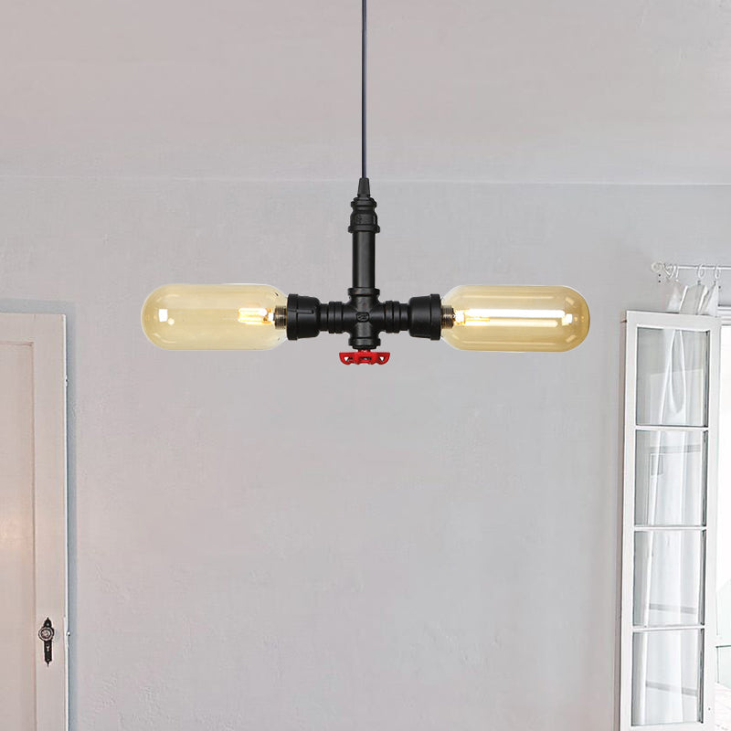 Stella - Amber Glass Black Suspension Light Pill Capsule 2-Light Industrial LED