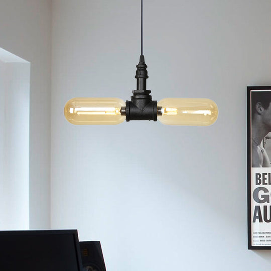 Stella - Amber Glass Black Suspension Light Pill Capsule 2-Light Industrial LED