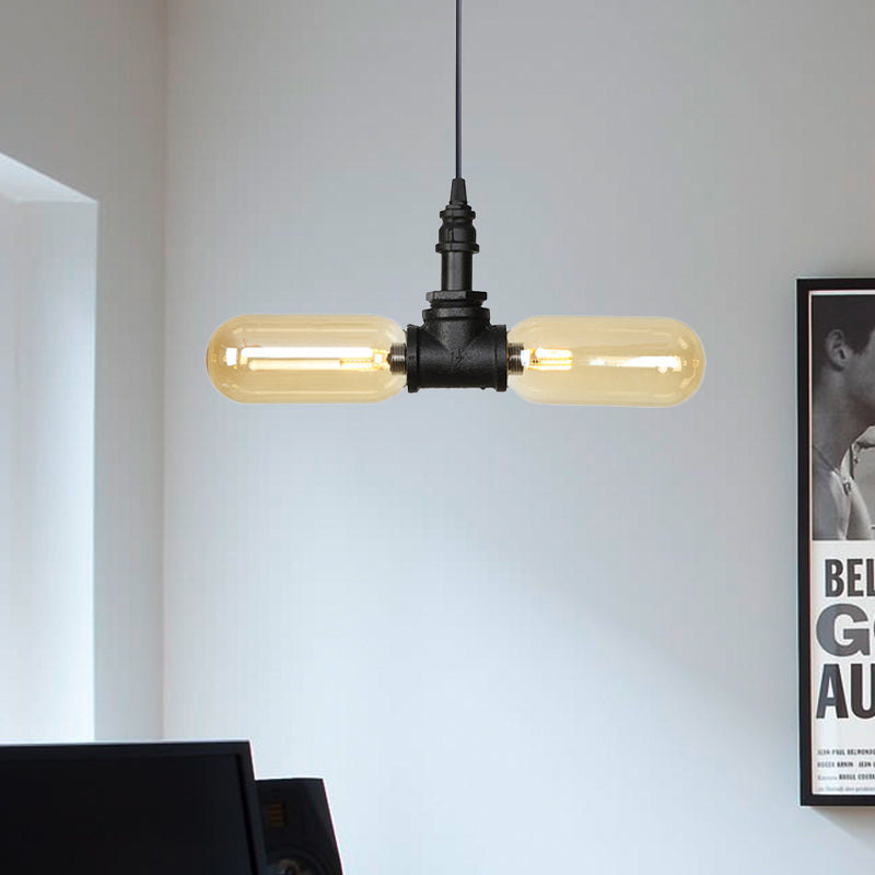 Stella - Amber Glass Black Suspension Light Pill Capsule 2-Light Industrial Led / C