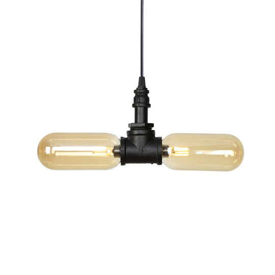 Stella - Amber Glass Black Suspension Light Pill Capsule 2-Light Industrial LED