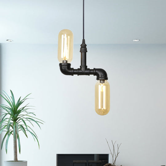 Stella - Amber Glass Black Suspension Light Pill Capsule 2-Light Industrial LED