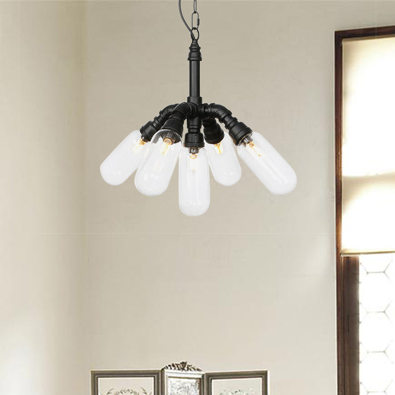 Sasin - Industrial Iron Chandelier with Black Piping and Clear Glass Shade