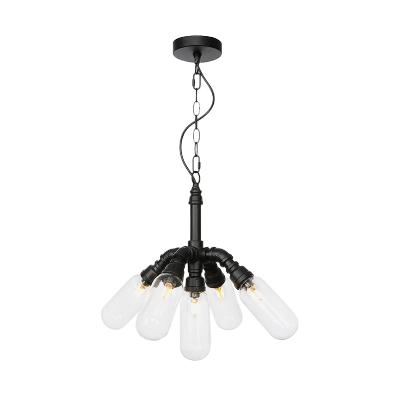 Sasin - Industrial Iron Chandelier with Black Piping and Clear Glass Shade