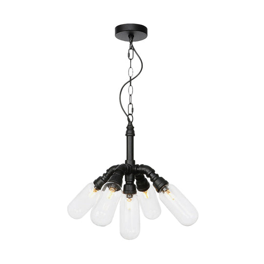 Sasin - Industrial Iron Chandelier With Black Piping And Clear Glass Shade