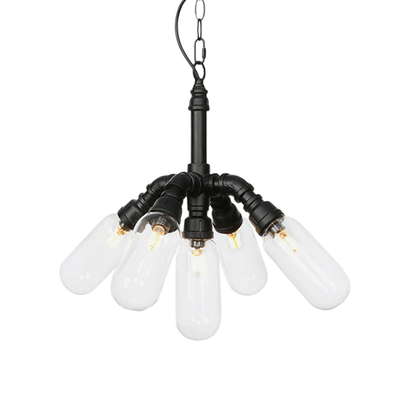 Sasin - Industrial Iron Chandelier with Black Piping and Clear Glass Shade