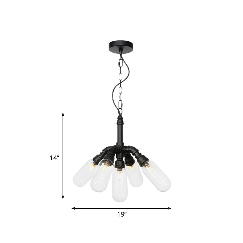 Sasin - Industrial Iron Chandelier with Black Piping and Clear Glass Shade