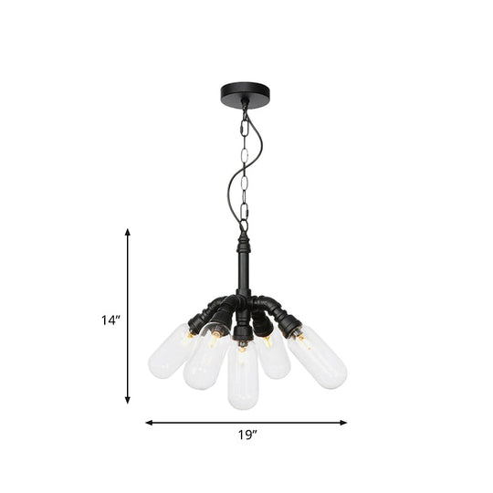 Sasin - Industrial Iron Chandelier with Black Piping and Clear Glass Shade