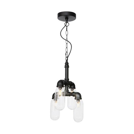 Sasin - Industrial Iron Chandelier with Black Piping and Clear Glass Shade