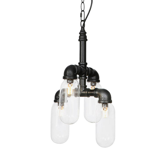 Sasin - Industrial Iron Chandelier with Black Piping and Clear Glass Shade