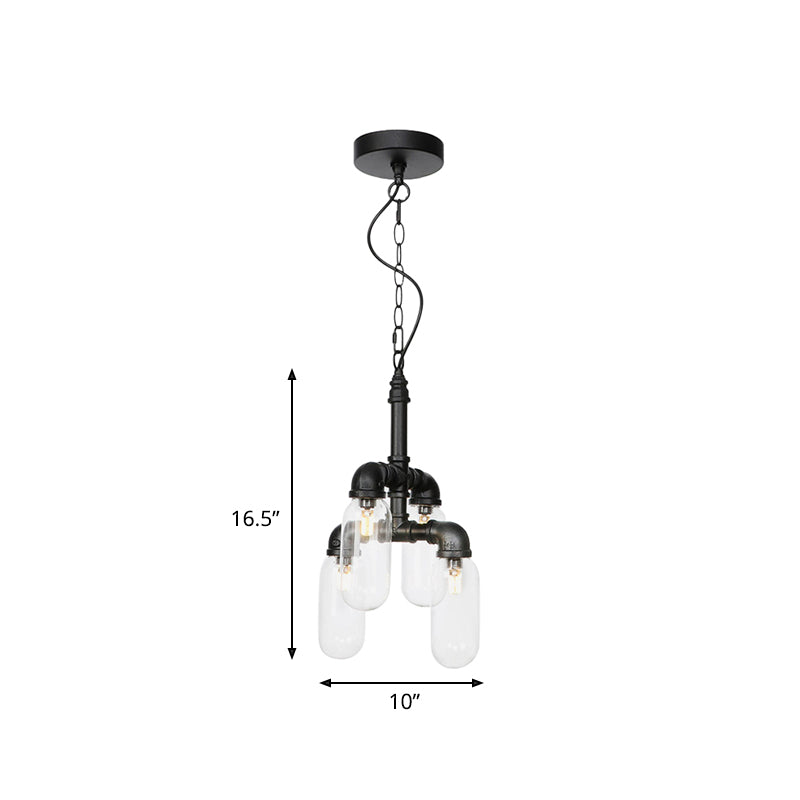 Sasin - Industrial Iron Chandelier with Black Piping and Clear Glass Shade