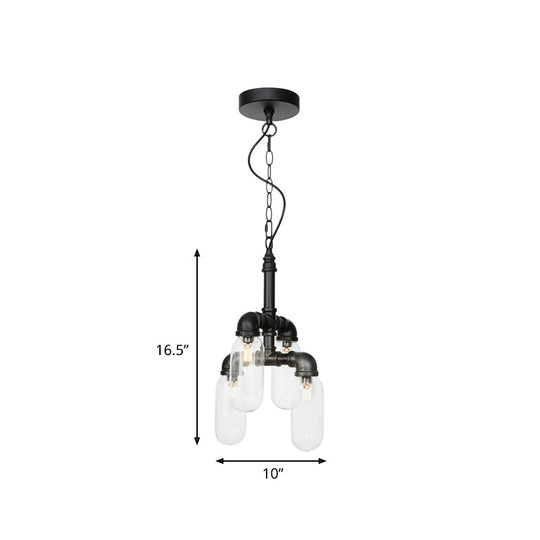 Sasin - Industrial Iron Chandelier with Black Piping and Clear Glass Shade