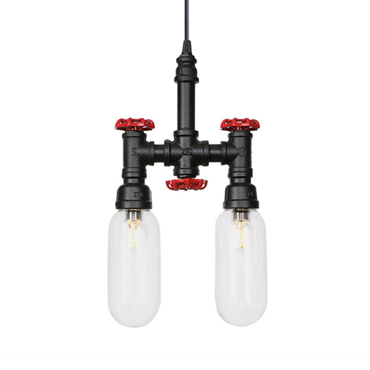 Sasin - Industrial Iron Chandelier with Black Piping and Clear Glass Shade