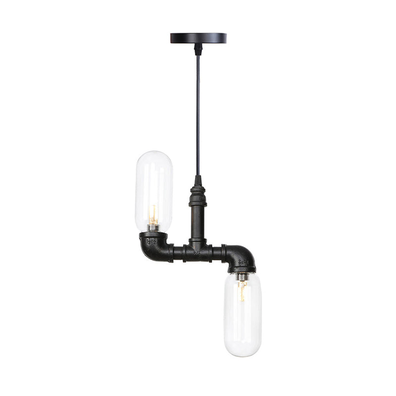 Laura - Black Clear Glass Capsule Shade Pendant Antiqued 2-Head Coffee Shop LED Ceiling Chandelier in Black with Pipe Design