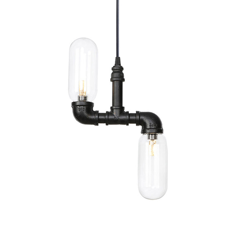 Laura - Black Clear Glass Capsule Shade Pendant Antiqued 2-Head Coffee Shop LED Ceiling Chandelier in Black with Pipe Design