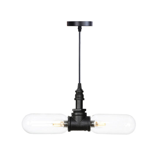 Laura - Black Clear Glass Capsule Shade Pendant Antiqued 2-Head Coffee Shop LED Ceiling Chandelier in Black with Pipe Design