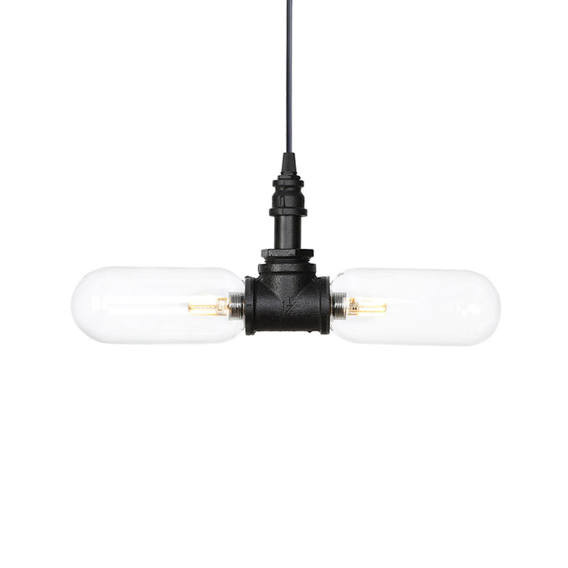 Laura - Black Clear Glass Capsule Shade Pendant Antiqued 2-Head Coffee Shop LED Ceiling Chandelier in Black with Pipe Design