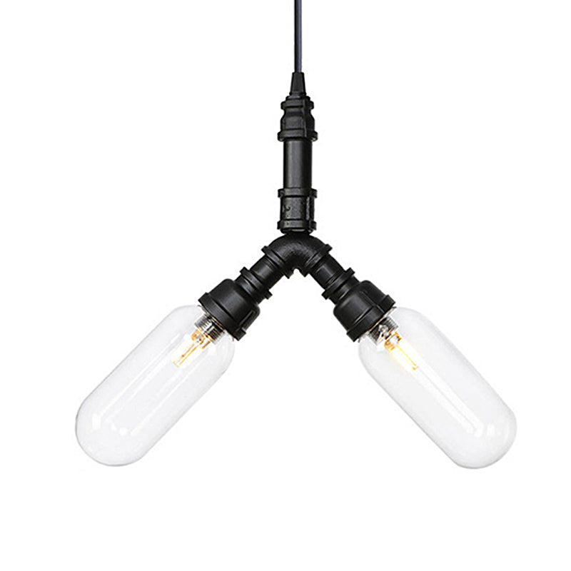 Elisa - Vintage Vintage Water Pipe Chandelier Pendant Light 2/3/4-Light Iron LED Hanging Ceiling Lamp in Black with Capsule Clear Glass Shade