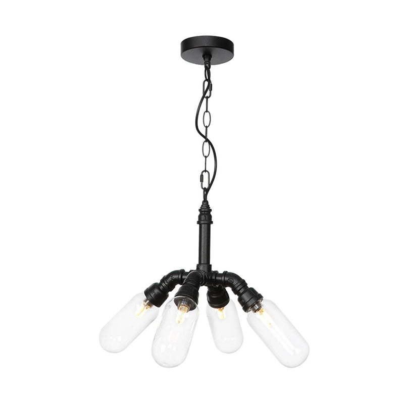 Elisa - Vintage Vintage Water Pipe Chandelier Pendant Light 2/3/4-Light Iron LED Hanging Ceiling Lamp in Black with Capsule Clear Glass Shade