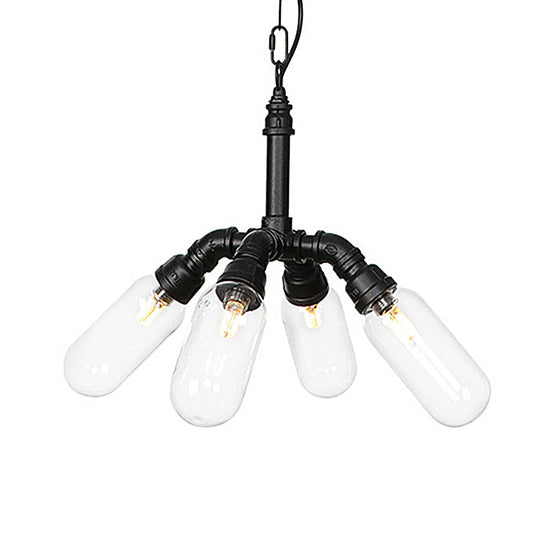 Elisa - Vintage Vintage Water Pipe Chandelier Pendant Light 2/3/4-Light Iron LED Hanging Ceiling Lamp in Black with Capsule Clear Glass Shade