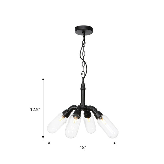 Elisa - Vintage Vintage Water Pipe Chandelier Pendant Light 2/3/4-Light Iron LED Hanging Ceiling Lamp in Black with Capsule Clear Glass Shade